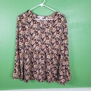 Women's Counterparts Cottagecore Boho Brown Pink Rose Popover Shirt Size Large